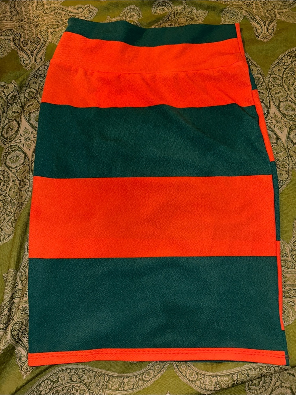 LuLaRoe Bold Orange and Dark Green Striped Pencil Skirt